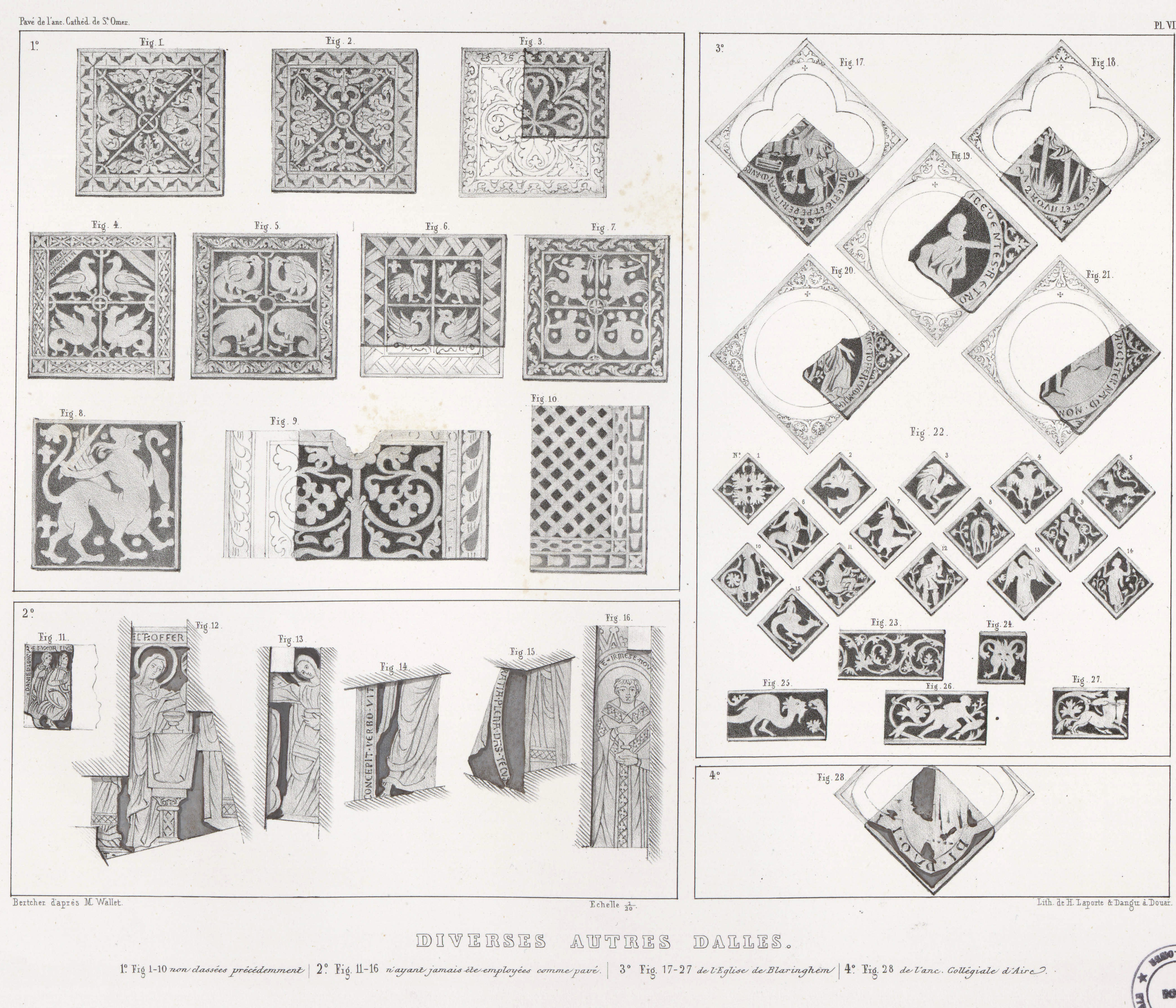 Planche VI : Diverses autres dalles. 1°. Fig 1-10 non classées précédemment I 2°. Fig. 11-16 n’ayant jamais été employées comme pavé I 3° Fig. 17-27 de l’Eglise de Blaringhem I 4° Fig. 28 de l’anc. Collégiale d’Aire, Bertcher d’après M. Wallet, lithographie de H. Laporte et Dangu (CPE 653-79 bis/6)